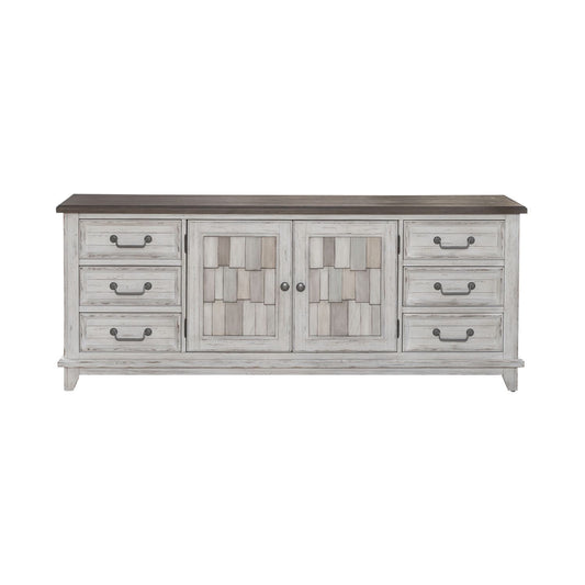 River Place - 75" Entertainment Console - Riverstone White & Tobacco
