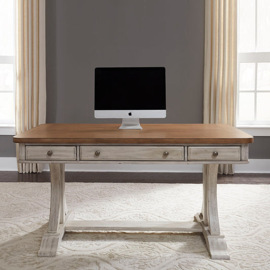 Farmhouse Reimagined - 3 Piece Home Office Set (Desk & Hutch) - Antique White / Chestnut Tops