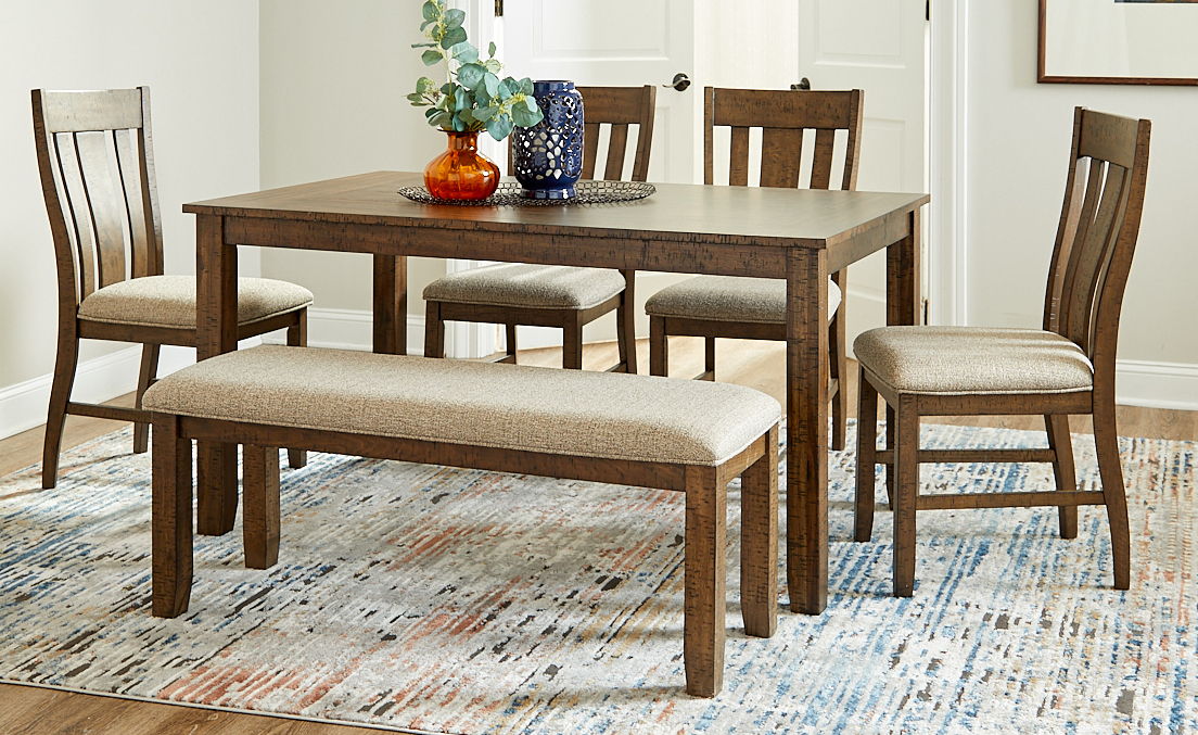 DINING TABLE W/4 CHAIRS+ BENCH EVERETT BROWN