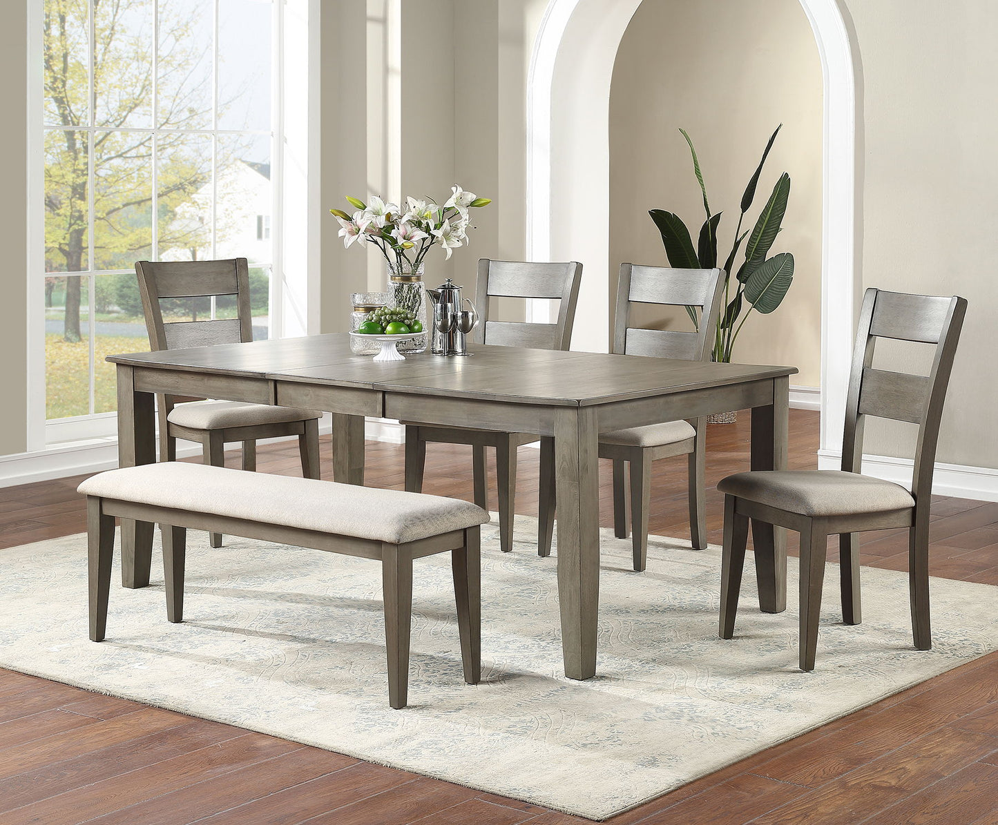 DINING TABLE, 4 CHAIRS &BENCH CLARK GREY
