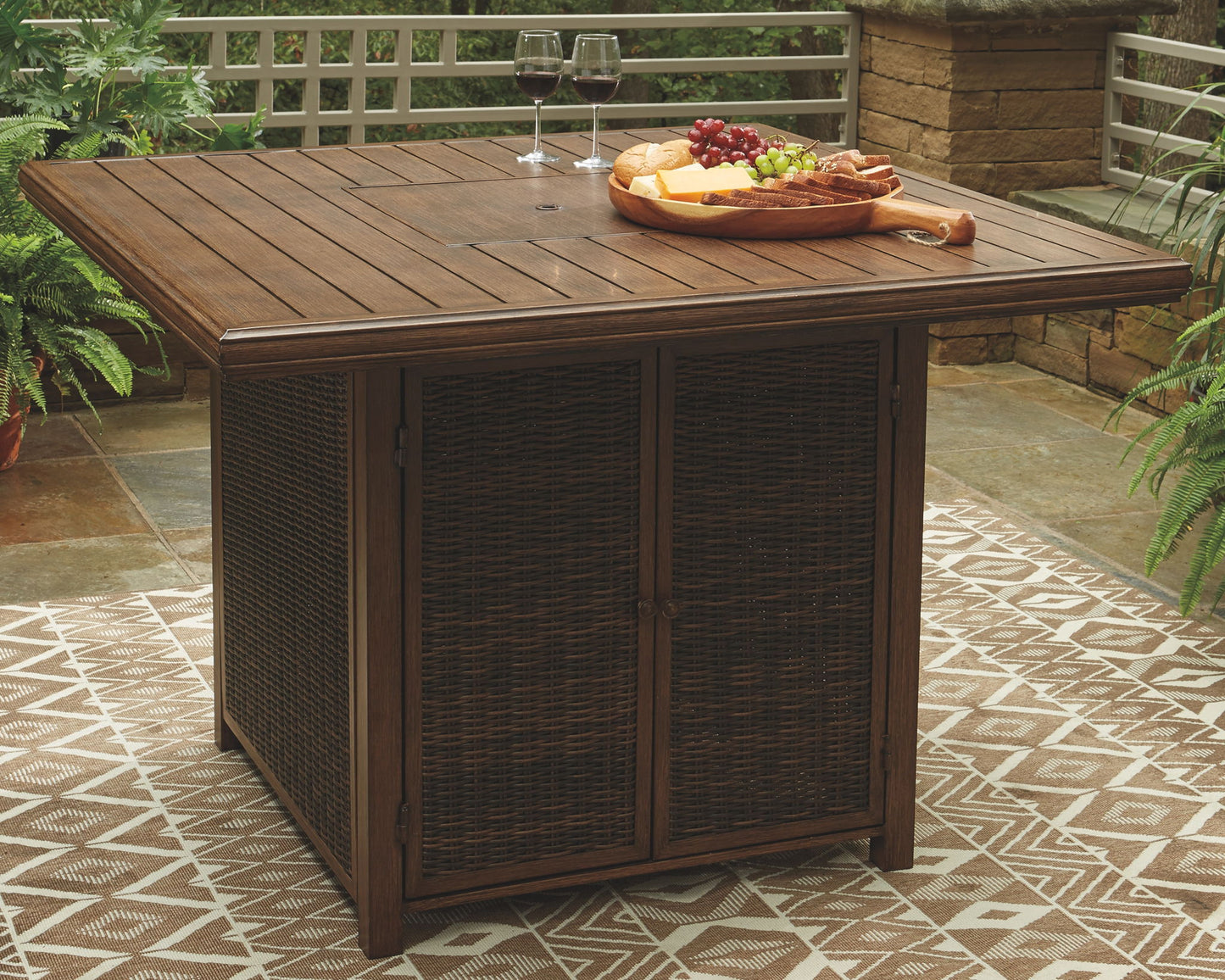 Paradise Trail - Square Bar Table w/Fire Pit - Medium Brown