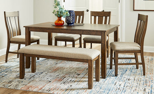 DINING TABLE W/4 CHAIRS+ BENCH EVERETT BROWN