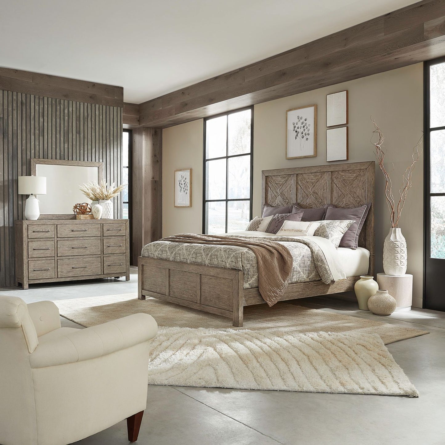 Skyview Lodge - King Panel Bed, Dresser & Mirror - Cobblestone