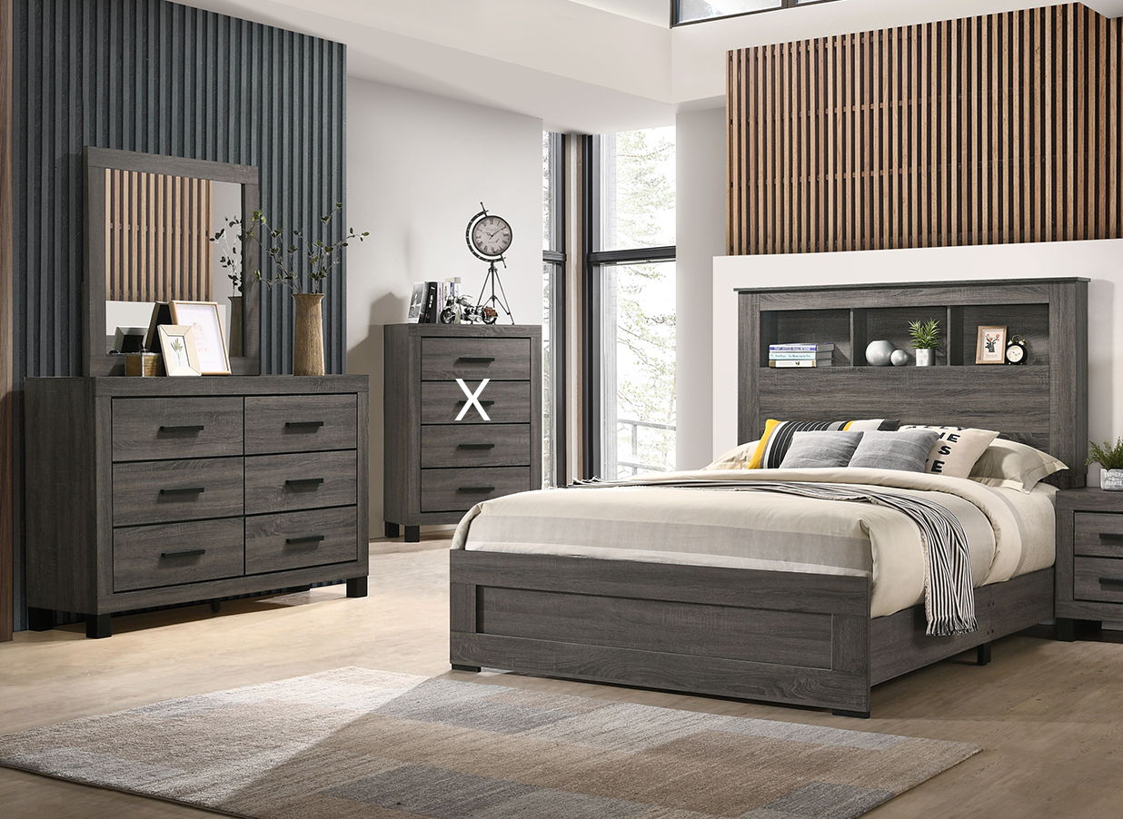 QUEEN BOOKCASE BED, DR,MR SALT CREEK GREY