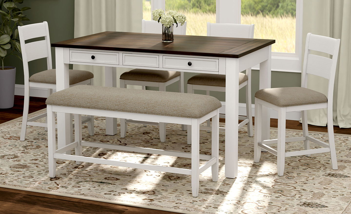 PUB TABLE, 4 CHAIRS &BENCH SARASOTA BROWN/WH