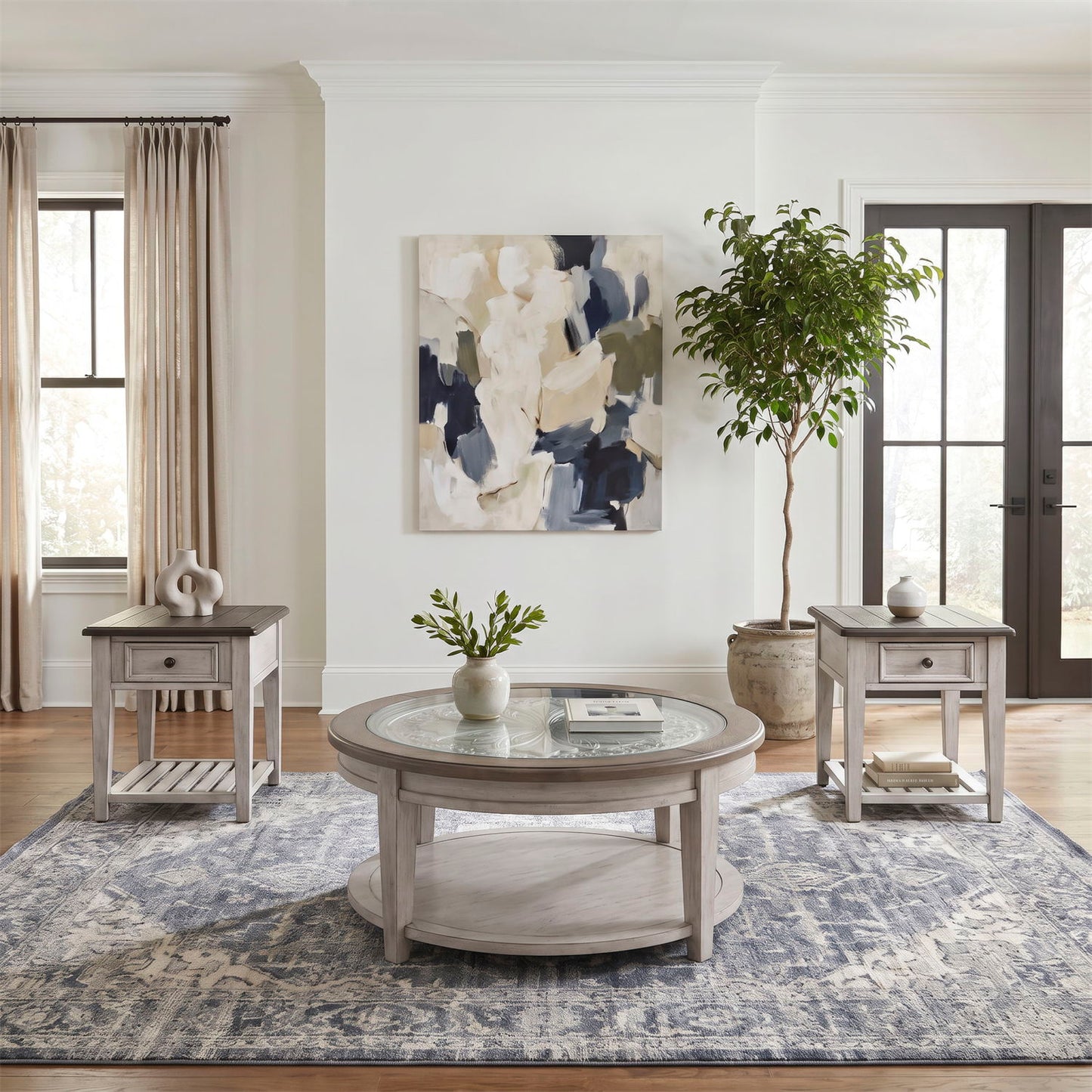 Heartland - 3 Piece Table Set (Round Table) - Antique White / Tobacco Tops